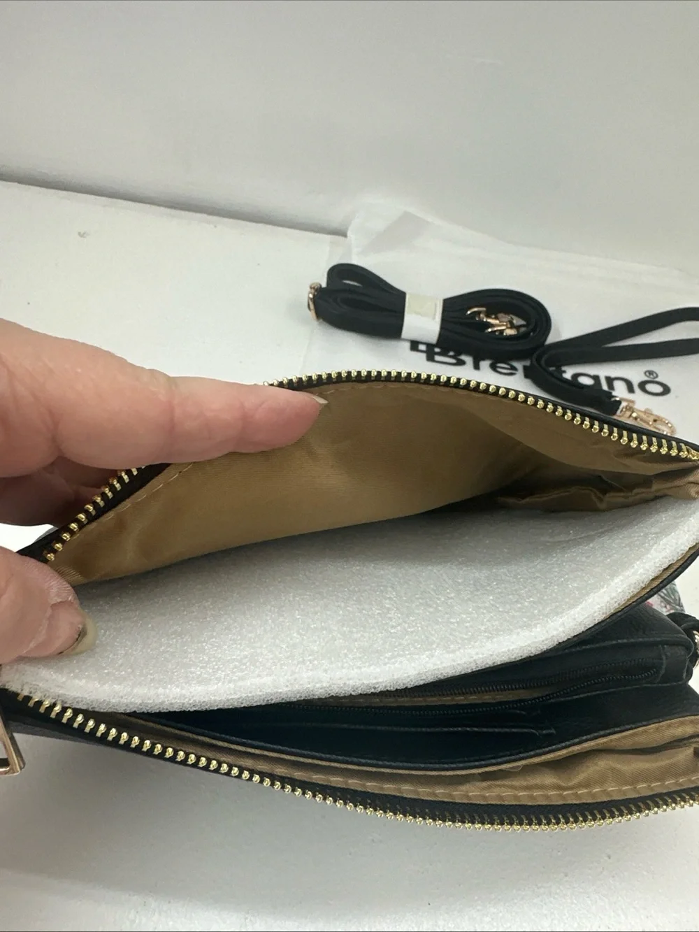 Brentano Black Large Clutch/Pouch Inner/Outer Pockets Lined Gold Zip Dust Bag